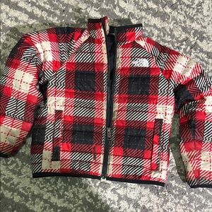 The North Face Kids Red and Black Plaid Puffer Jacket